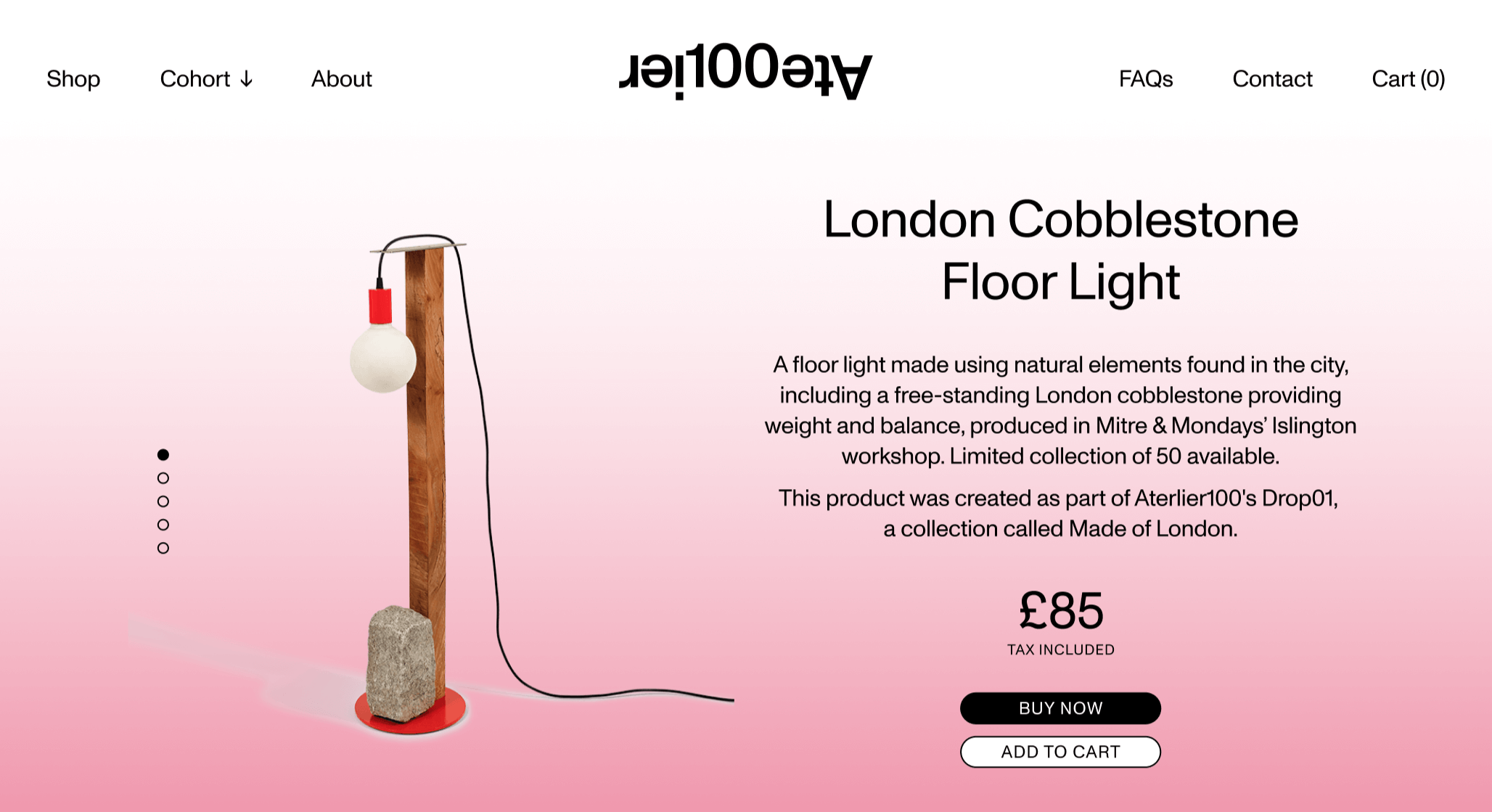 Atelier100 desktop website design showing a product page