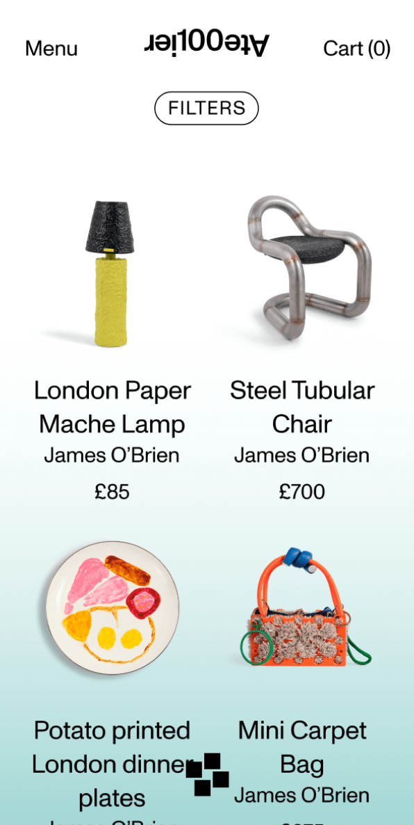 Atelier100 mobile website design showing the product listings