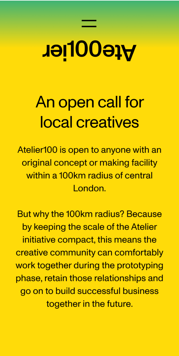 Atelier100 mobile website design showing open call for local creatives