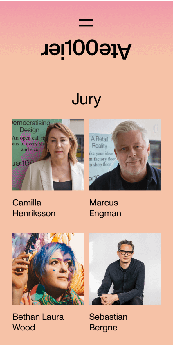 Atelier100 mobile website design showing Atelier100 jury