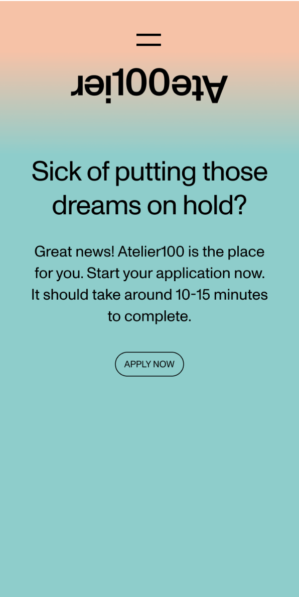Atelier100 mobile website design showing the application page for local creativies
