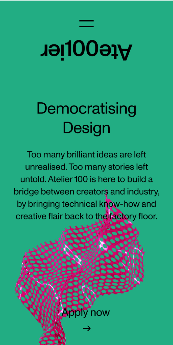 Atelier100 mobile website design showing application page with web animation