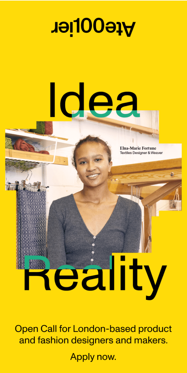 Atelier100 mobile website design showing open call for designers and makers